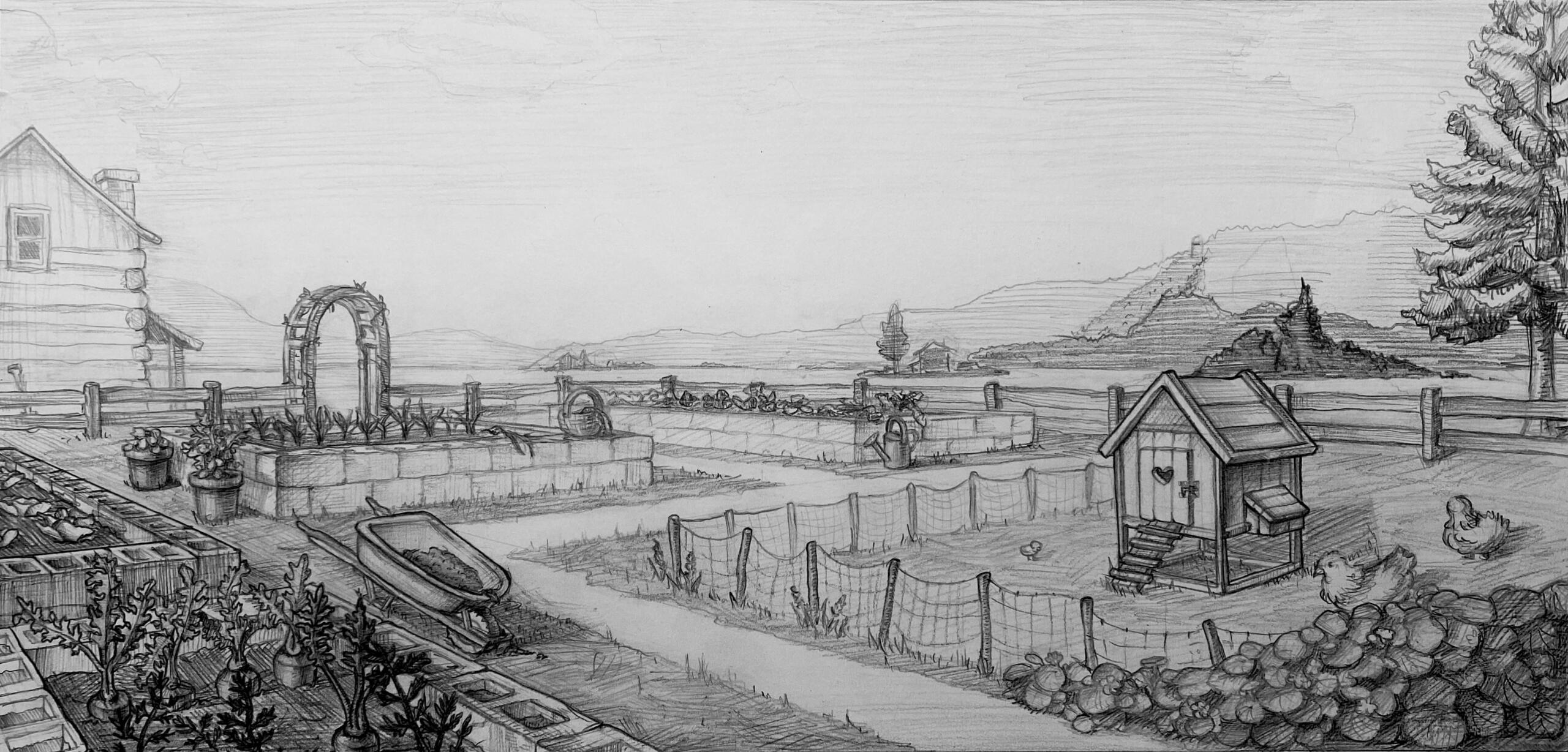 Concept art for the garden of a homesteading family