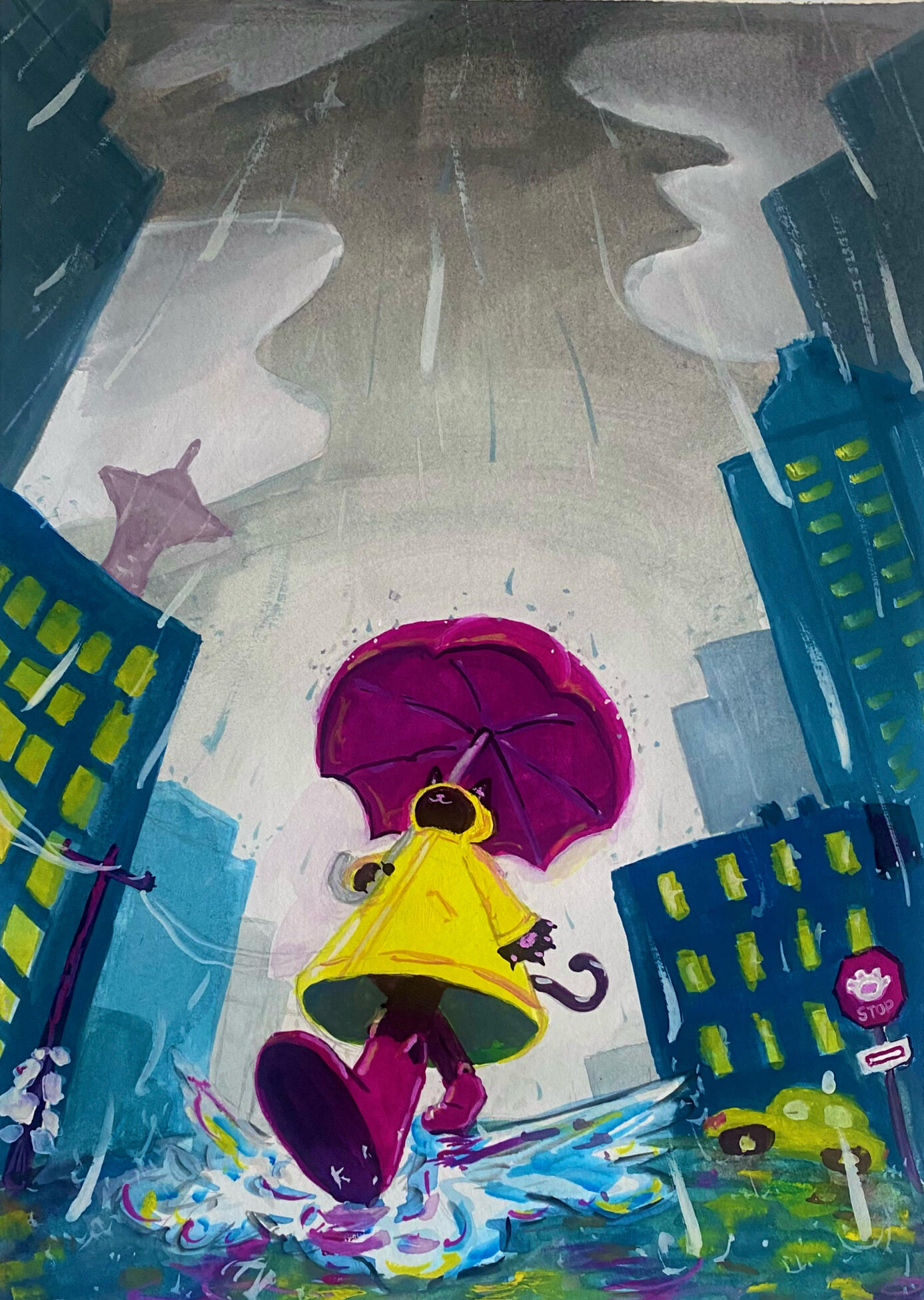 A cat's first day in Seattle, gouache