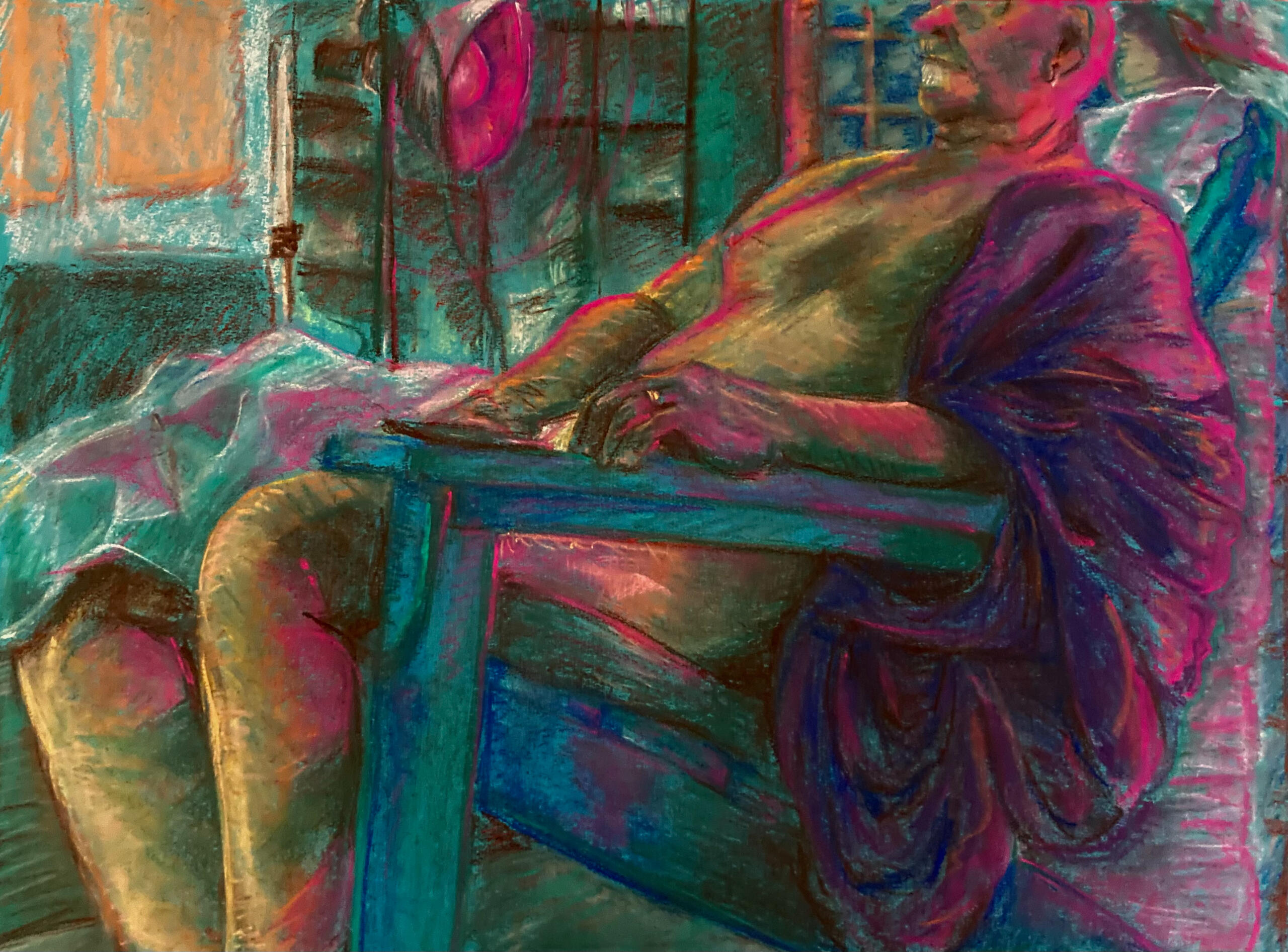 Pastel figure drawing on colored paper, 6 hours