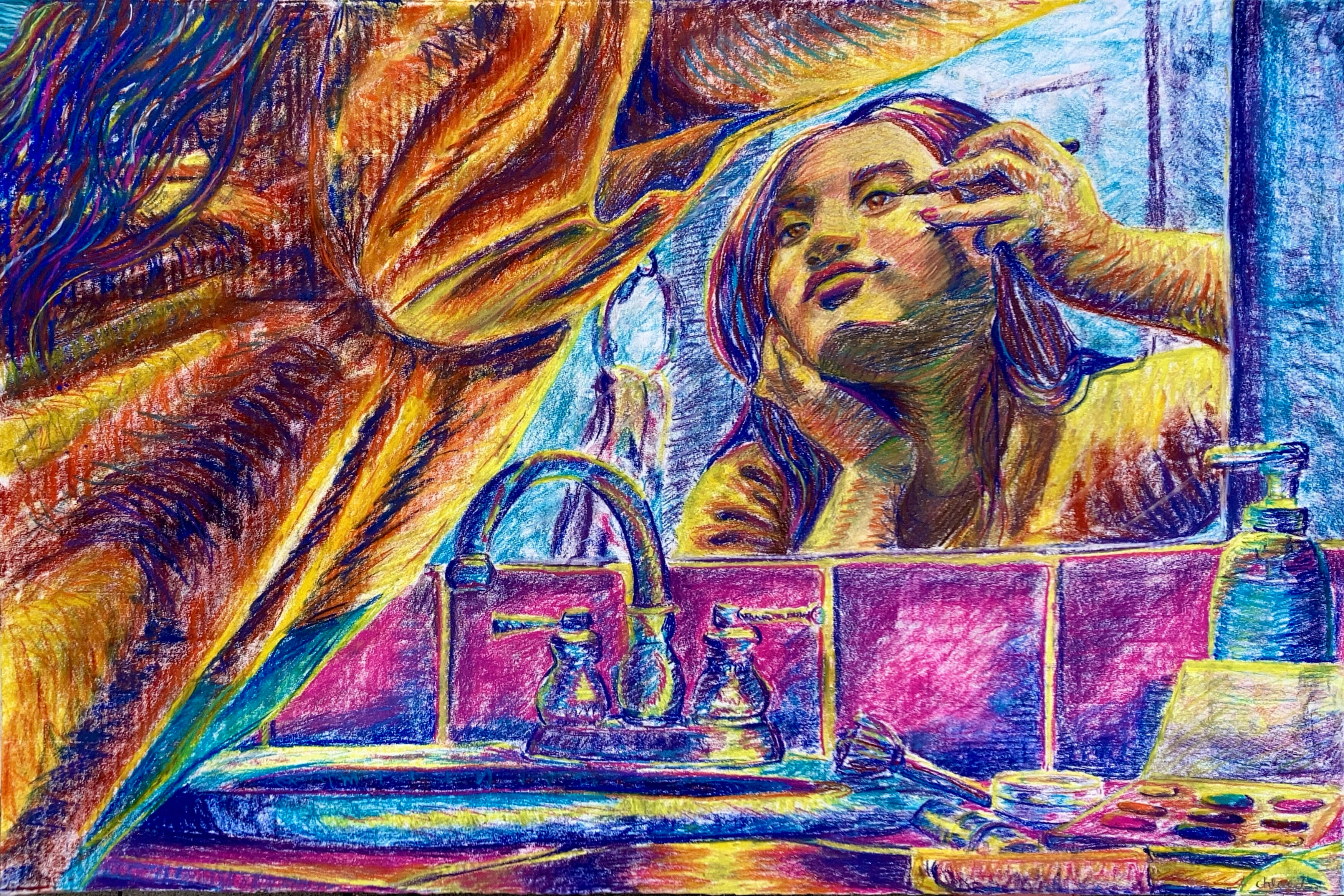Pastel figure drawing on colored paper, 6 hours