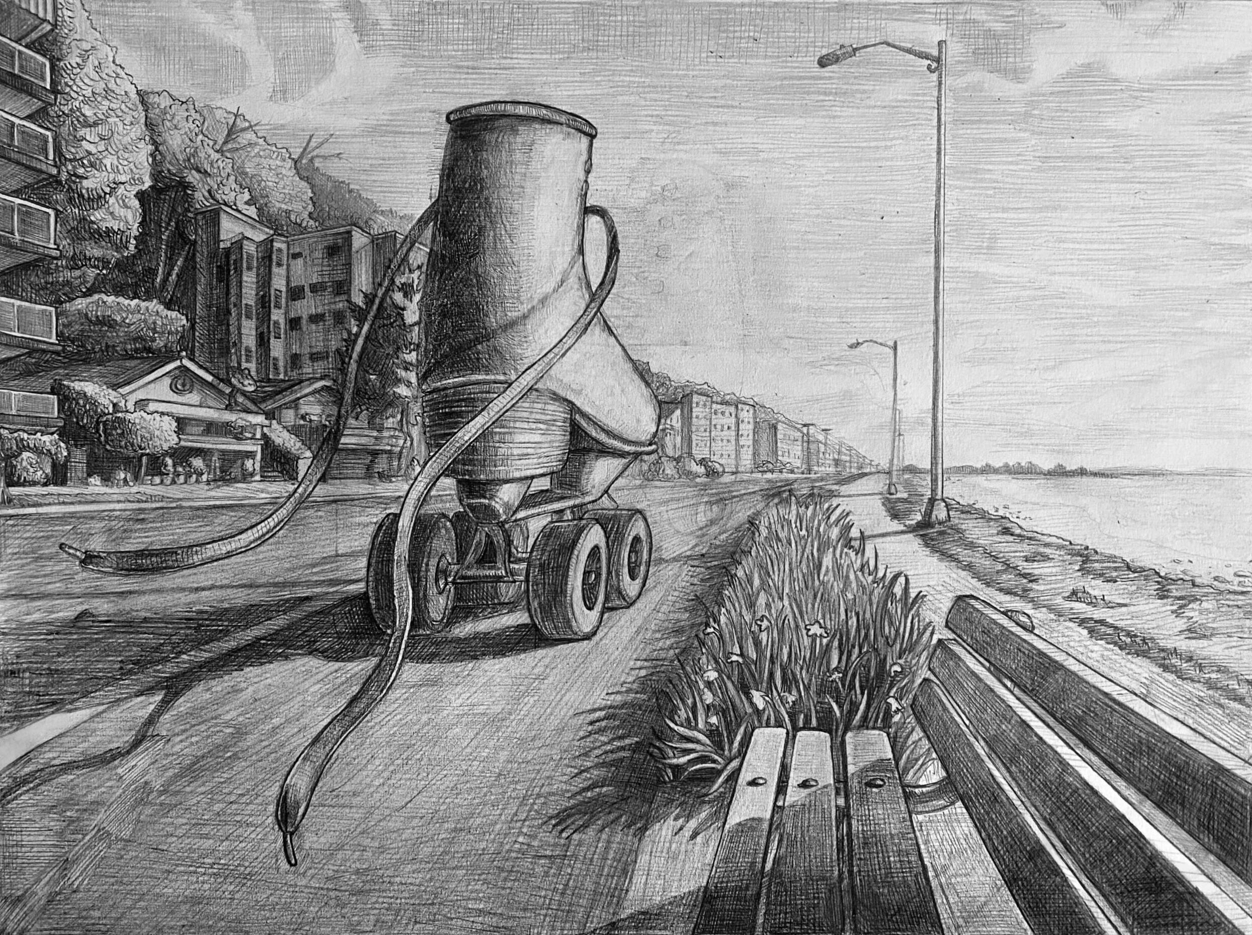 A surrealist piece of a roller skate going through Alki Beach