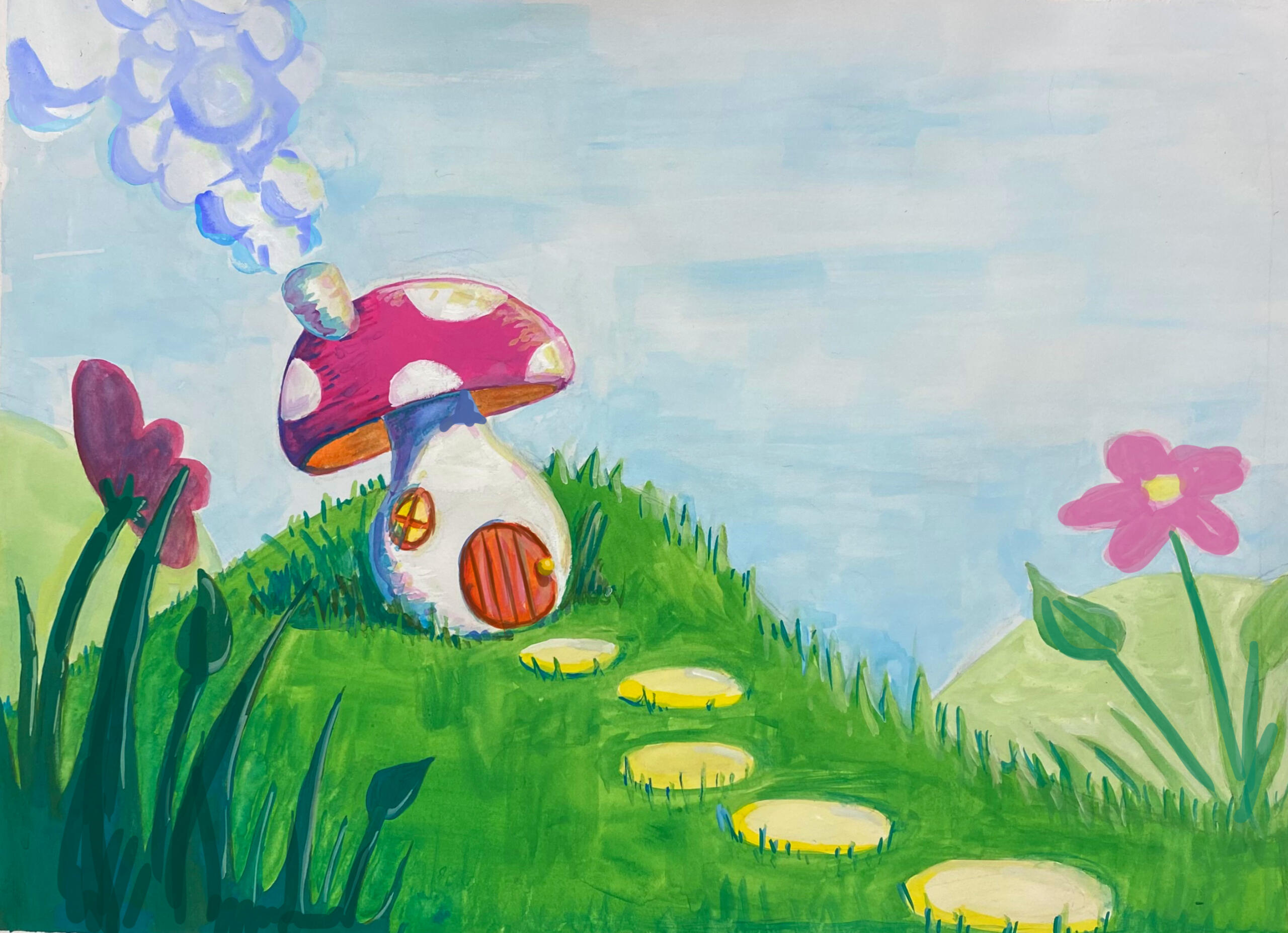 A charming mushroom house sits atop the hill, gouache