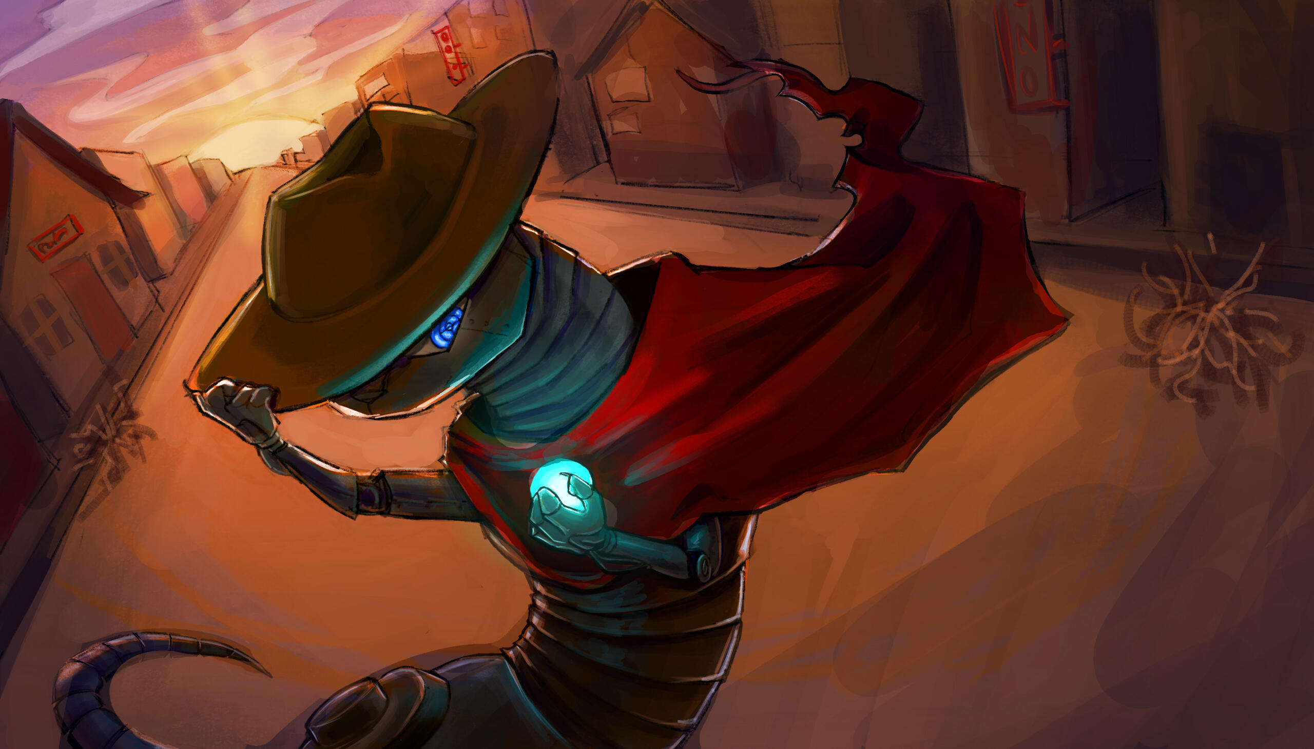 Robot weasel character in cyber-western environment